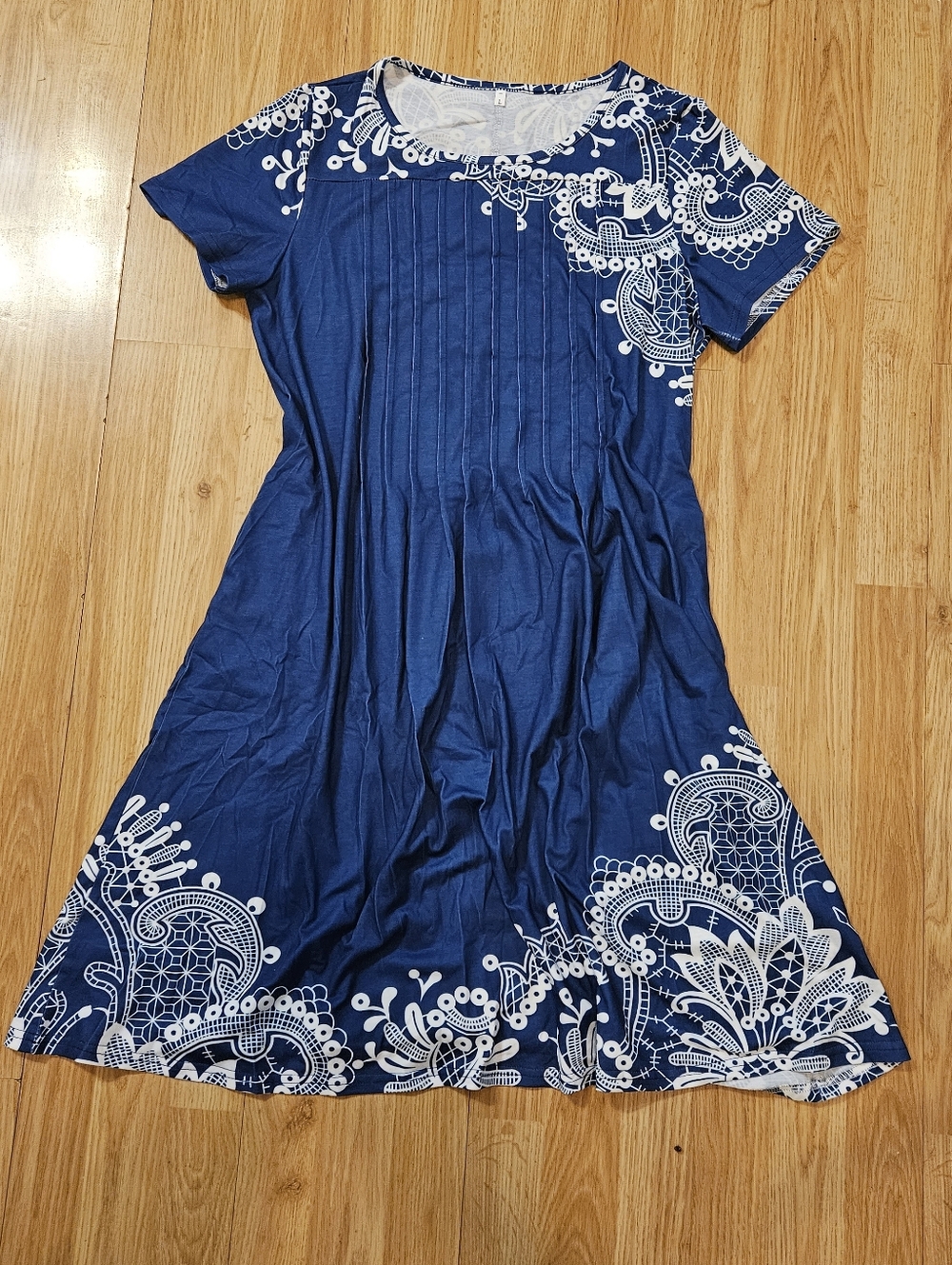 Navy Short Sleeve A-Line Dress w/ White Lace-Inspired Design
